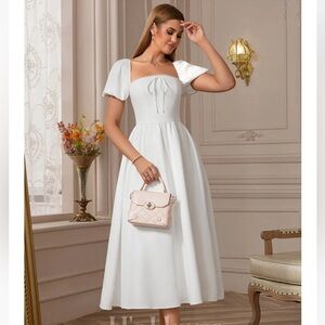 Square A-line Stretch Satin Midi Dress